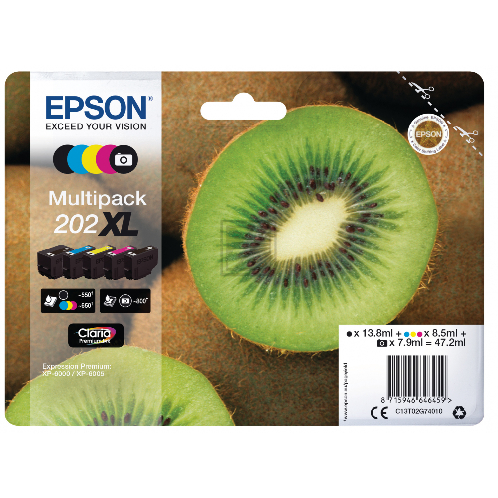 Epson Tintenpatrone gelb, magenta, schwarz, schwarz photo, cyan HC (C13T02G74010, 202XL)